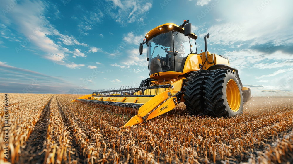 Fototapeta premium Farming machinery harvesting crops in golden field under blue sky