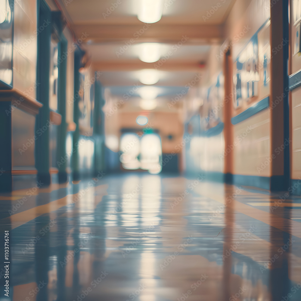 A blurred view of a hallway with polished floors and framed images along the walls. A blurred view of a hallway with polished floors and framed images along the walls.