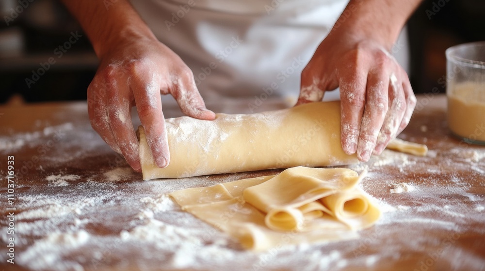 A chef rolling dough on a floured countertop, preparing fresh pasta from scratch A chef rolling dough on a floured countertop, preparing fresh pasta from scratch