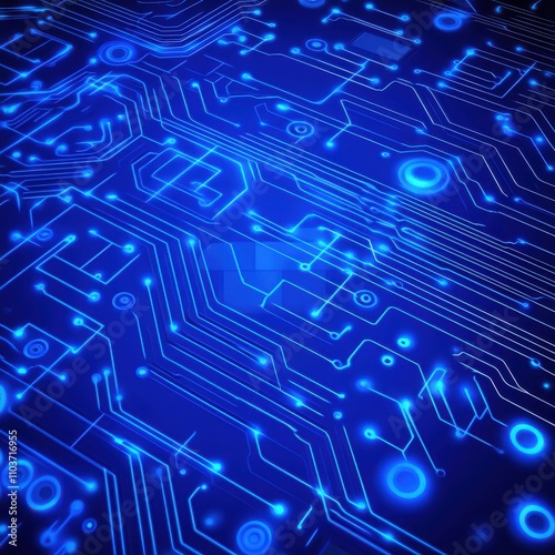 A vibrant blue circuit board design with glowing lines and patterns, symbolizing technology and innovation. photo