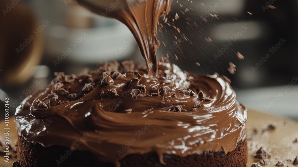 Obraz premium A chocolate cake being frosted with creamy ganache