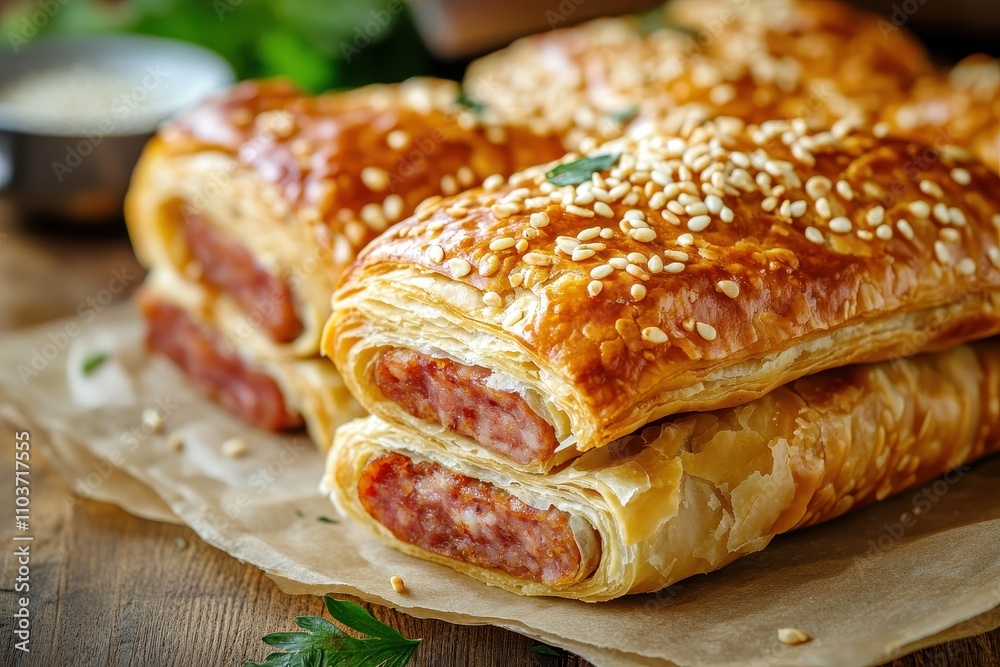 Sausage pie with sesame homemade dish blank area close up Sausage pie with sesame homemade dish blank area close up