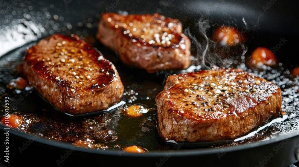 A close-up of a hot pan with oil sizzling as meat is seared A close-up of a hot pan with oil sizzling as meat is seared