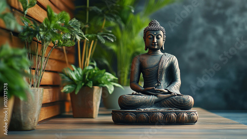 buddha statue in the garden generated by AI technology