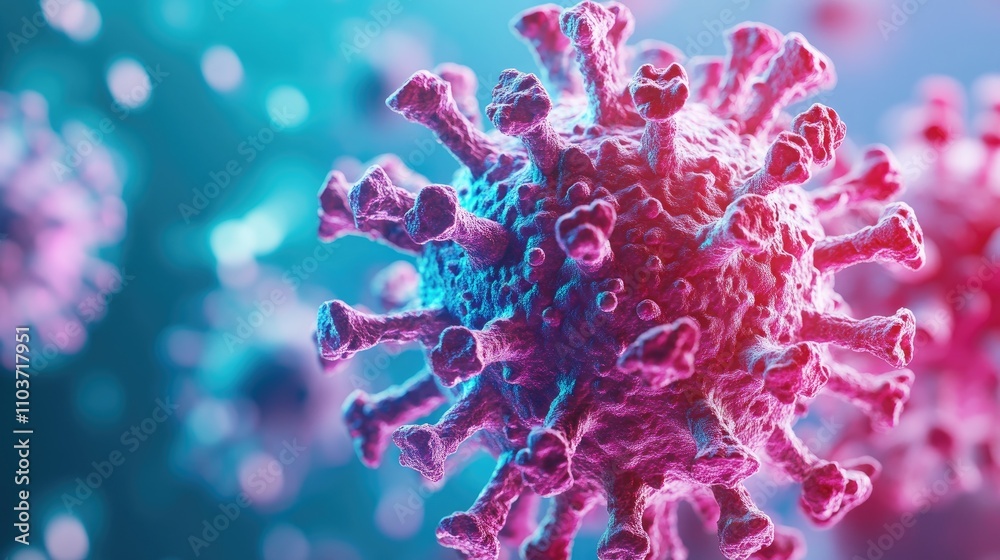 Detailed close-up illustration of a coronavirus particle showcasing its spiked structure in vibrant pink and blue hues, highlighting its intricate design. Detailed close-up illustration of a coronavirus particle showcasing its spiked structure in vibrant pink and blue hues, highlighting its intricate design.