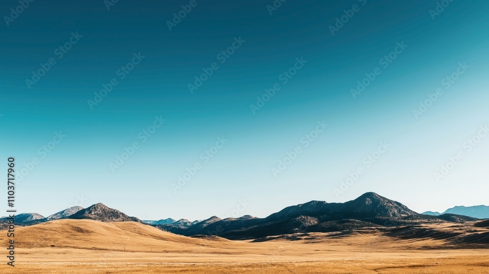 Distant mountains under a clear blue sky with foreground of golden grasslands extending across a vast open landscape. Distant mountains under a clear blue sky with foreground of golden grasslands extending across a vast open landscape.