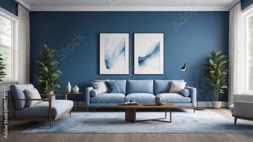 Modern minimalist living room in blue tones, featuring sleek decor and a serene atmosphere. 