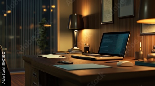 Night Office Workspace 3D Illustration Laptop Coding