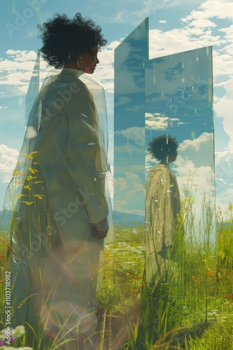 Surreal portrait of a person in nature, standing amidst tall grasses and flowers, reflected in tall mirrors under a cloud-dotted skyNature photo