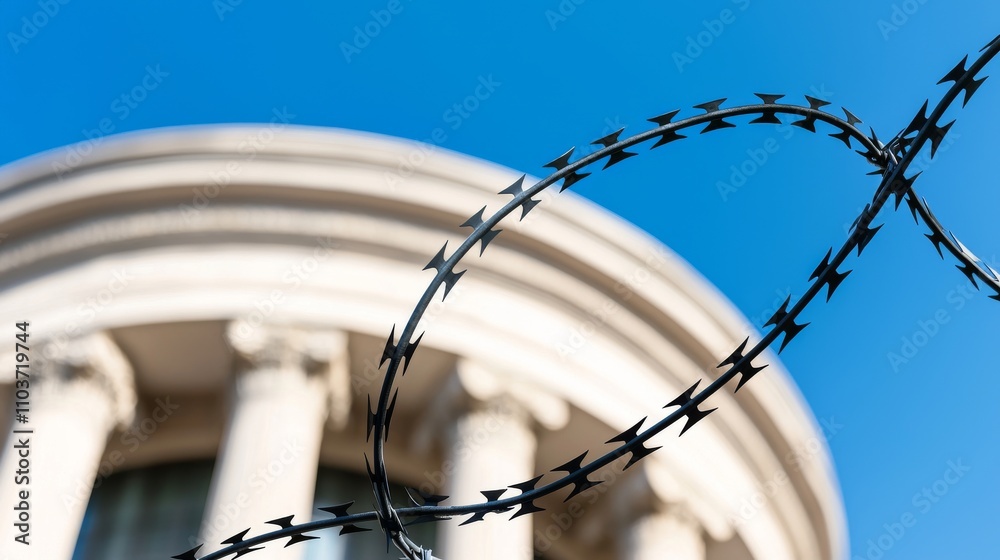 law restriction and litigation concept. Barbed wire in front of a classical building against a blue sky. law restriction and litigation concept. Barbed wire in front of a classical building against a blue sky.