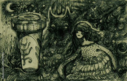 Pencil-drawn abstract artwork with eerie fairies and unique creatures in a dark, mystical style. Ideal for backgrounds or fantasy-themed covers.