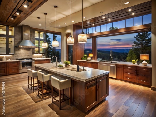 Modern Luxury Kitchen with Elegant Wood Cabinetry and Expansive Floor-to-Ceiling Windows Bathed in Warm Low Light for an Inviting Atmosphere