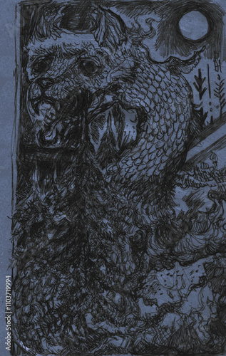 Abstract pencil illustration featuring dark fantasy elements, mysterious fairies, strange creatures, and a dragon. Perfect for gothic covers or backgrounds.