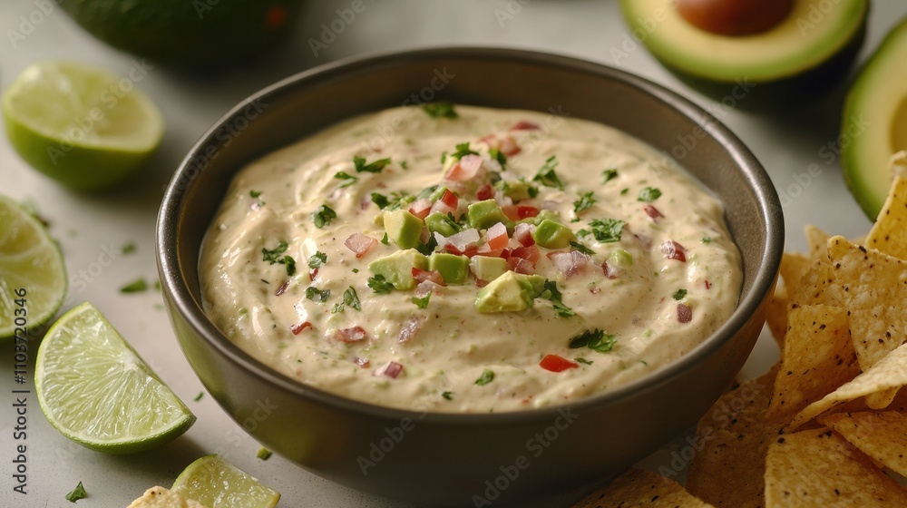 A creamy avocado dip in a bowl with whole avocados, tortilla chips, and lime slices nearby A creamy avocado dip in a bowl with whole avocados, tortilla chips, and lime slices nearby