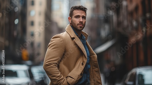 Stylish man posing on urban street in warm coat during winter