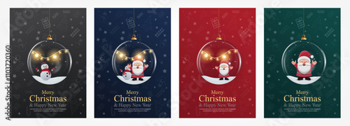 3D Vector Merry Christmas set  product podium banner. Glass snow ball, snowman, Santa, snowflake. Luxury modern minimal decoration party, greeting card, promotion sale, social media post