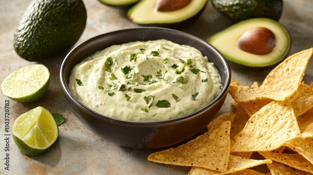 A creamy avocado dip in a bowl with whole avocados, tortilla chips, and lime slices nearby A creamy avocado dip in a bowl with whole avocados, tortilla chips, and lime slices nearby