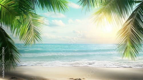 Wallpaper Mural Lush green palm leaves frame a tranquil beach scene with gently lapping waves and a soft pastel sky at dawn or dusk. Torontodigital.ca