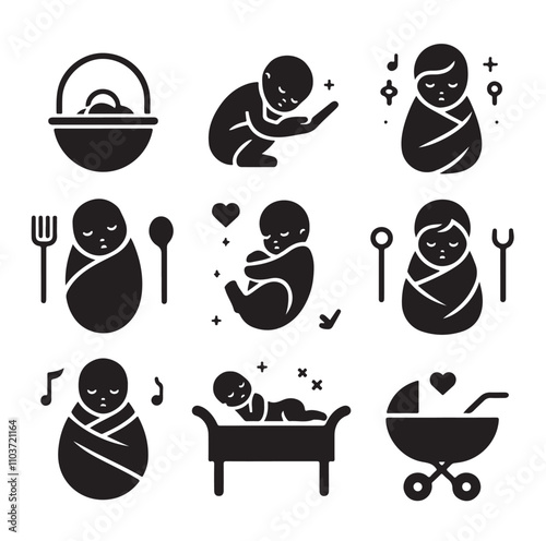 Newborn baby black set silhouette vector illustration photo