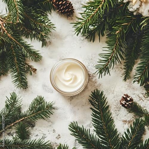 On a white background a jar of cream for face, hands, body, next to branches of Christmas tree. cosmetology, skin care. festive New Year atmosphere