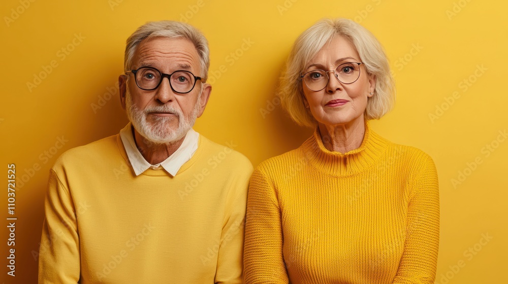 Senior Couple in Matching Yellow Sweaters Against Yellow Background Senior Couple in Matching Yellow Sweaters Against Yellow Background