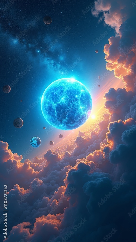 Naklejka premium Fantasy landscape of a glowing blue planet with surrounding stars