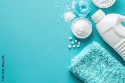 Laundry items on blue background flat lay with text space photo