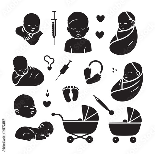 Newborn baby black set silhouette vector illustration photo