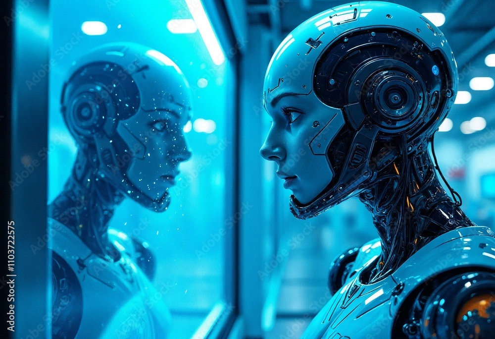 Futuristic robot gazing at metallic surface, sleek lab setting Futuristic robot gazing at metallic surface, sleek lab setting