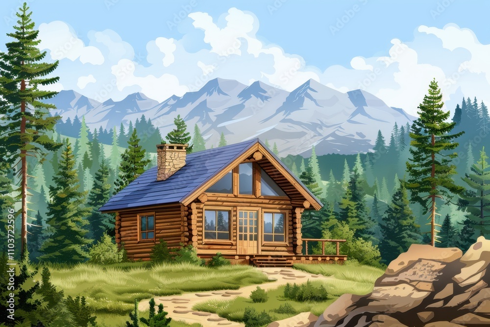 Log cabin in forest on mountain Log cabin in forest on mountain