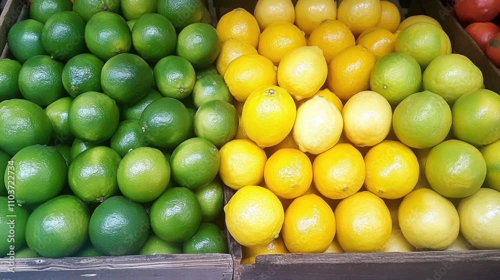 A mix of colorful fruits like lemons, limes, and grapefruits stacked neatly at a store