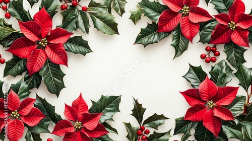 Festive Poinsettia Flowers and Holly Leaves Frame Design for Holiday Celebrations and Seasonal Decorations with Red Berries on White Background