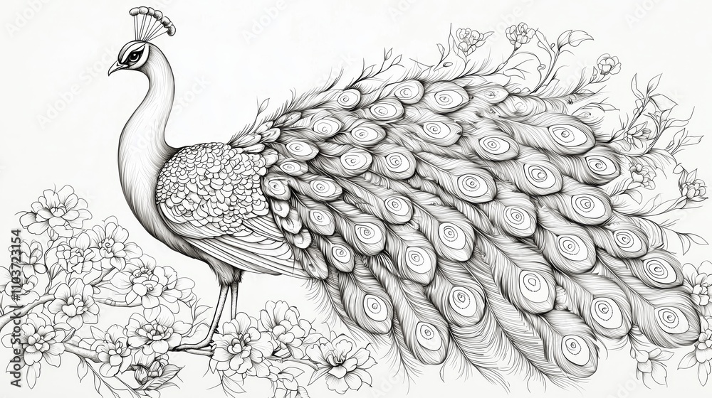 Fototapeta premium Coloring page of a Peacock Amidst Blossoming Flowers with Detailed Feather Patterns and Graceful Posture