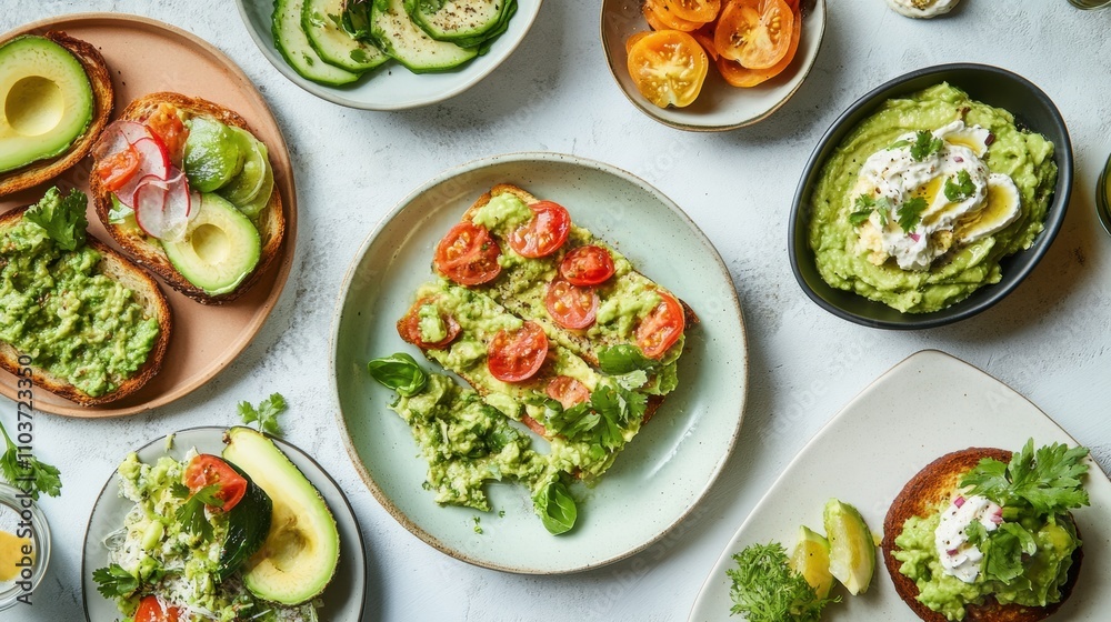 A spread of avocado-based dishes: avocado toast, guacamole, and sliced avocado A spread of avocado-based dishes: avocado toast, guacamole, and sliced avocado