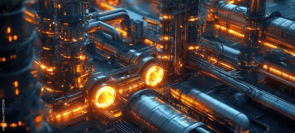 Futuristic Refinery: Glowing Pipes and Towers Futuristic Refinery: Glowing Pipes and Towers