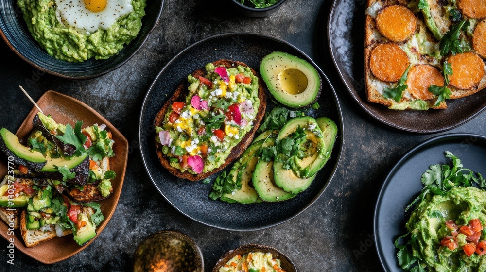 A spread of avocado-based dishes: avocado toast, guacamole, and sliced avocado A spread of avocado-based dishes: avocado toast, guacamole, and sliced avocado