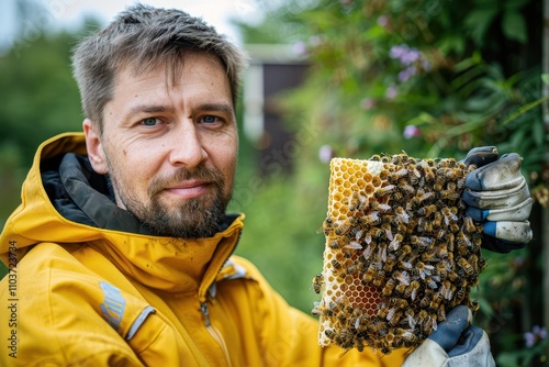 Man in beekeeper outfit inspecting honeycomb frame in apiary harvesting honey