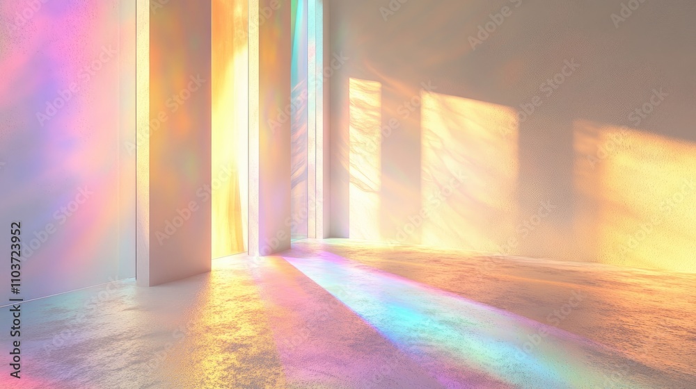 Colorful abstract 3D room scene with dreamy prism light overlay and caustic effects, perfect as a blank studio background for product displays or romantic presentations. Colorful abstract 3D room scene with dreamy prism light overlay and caustic effects, perfect as a blank studio background for product displays or romantic presentations.