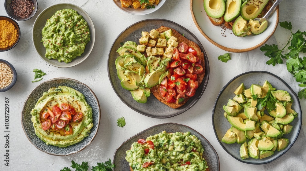 A spread of avocado-based dishes: avocado toast, guacamole, and sliced avocado A spread of avocado-based dishes: avocado toast, guacamole, and sliced avocado