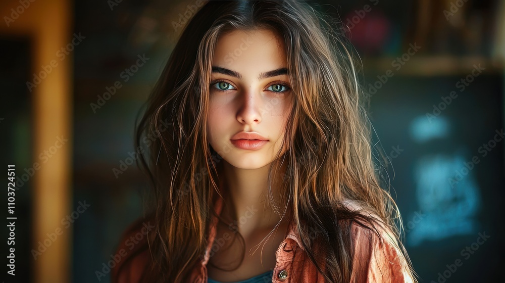 Fototapeta premium Young Woman with Long Hair and Captivating Blue Eyes in Natural Light