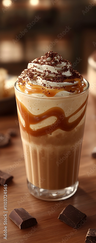 Caramel and chocolate coffee drink with whipped cream.