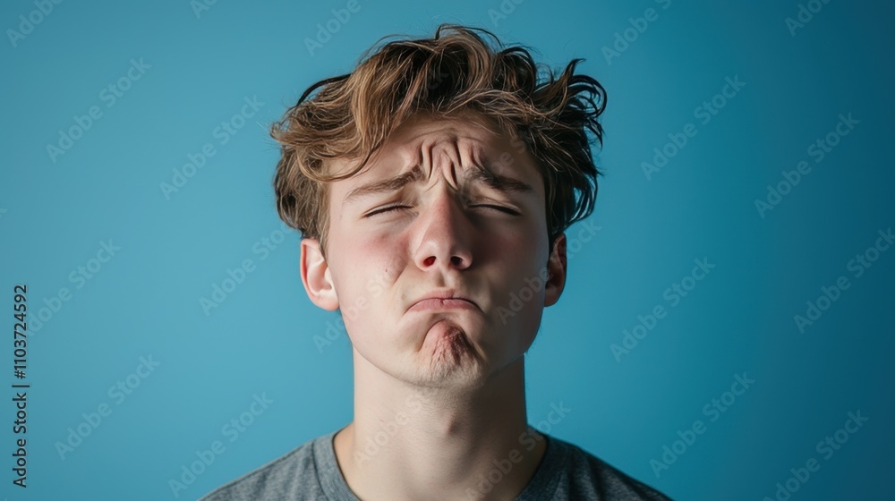 Young Man Showing Disappointment with a Blue Background Young Man Showing Disappointment with a Blue Background