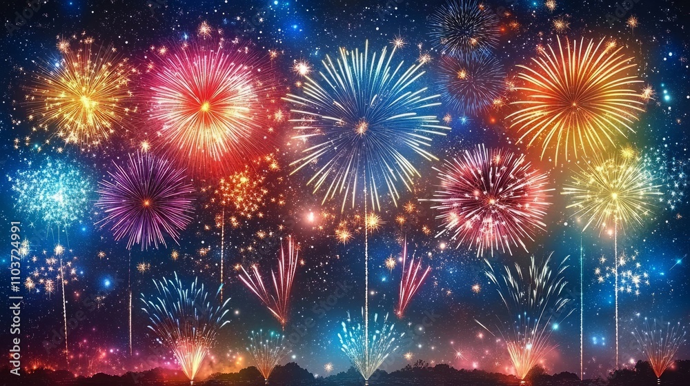 Fototapeta premium A Stunning Display of Colorful Fireworks Against a Starry Night Sky in Celebration