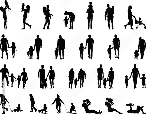 Silhouettes of families at walking and game 