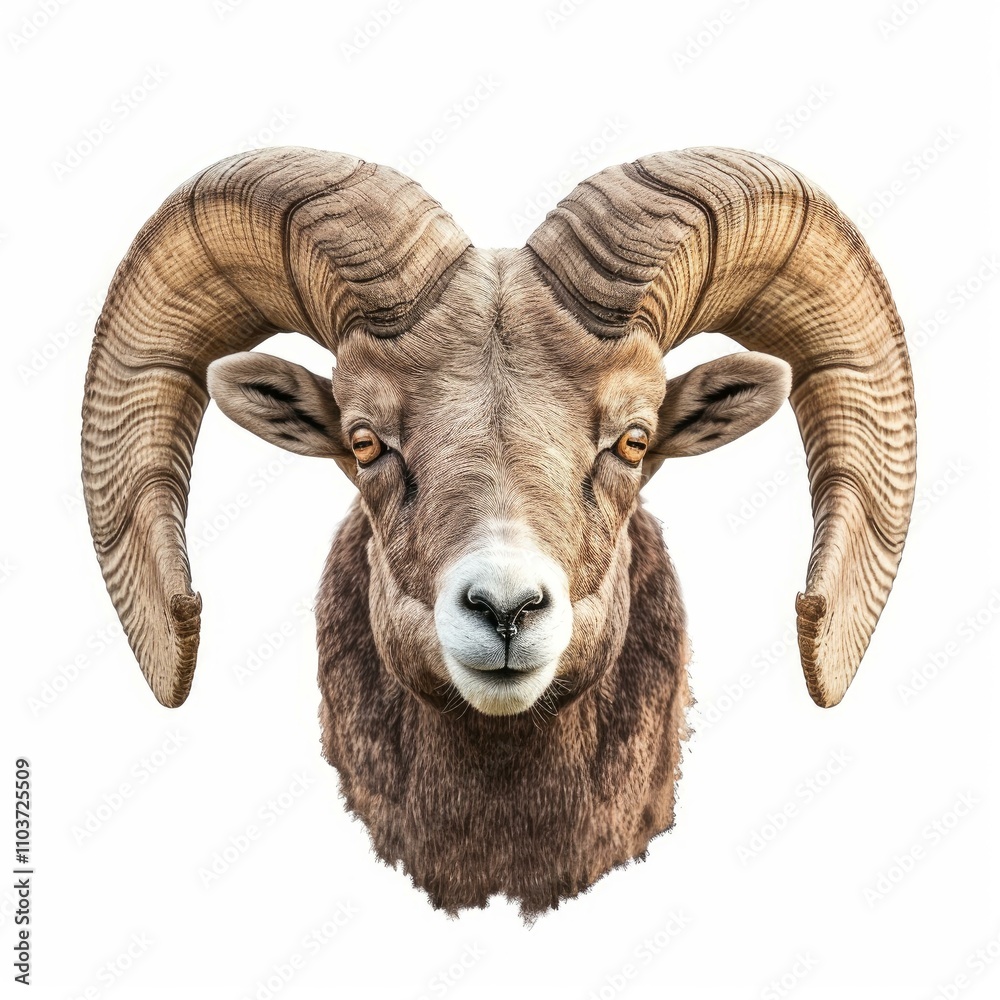 Bighorn sheep ram isolated on white background looking forward Bighorn sheep ram isolated on white background looking forward
