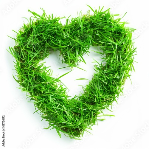 Green grass forming heart shape over white background