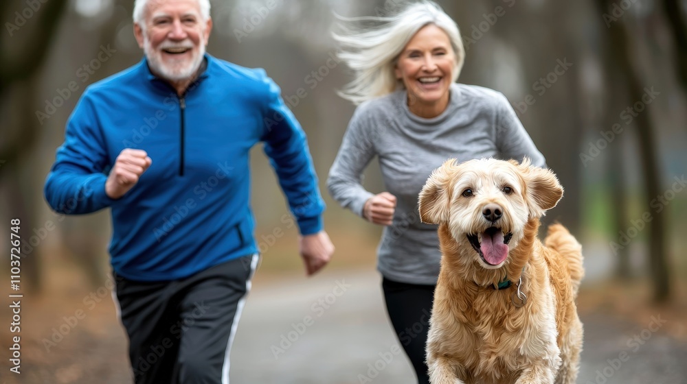 Joyful run in the park active senior couple and their dog embrace outdoor life
