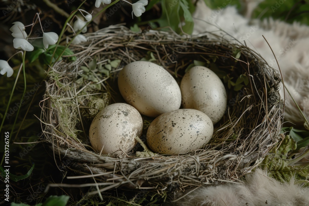 Nidology study of hooded crow nest with 4 eggs in grass lined hatching tray with fur lining Nidology study of hooded crow nest with 4 eggs in grass lined hatching tray with fur lining