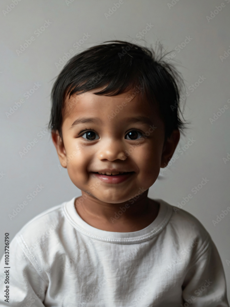 A joyful baby smiles brightly in a simple, plain background. A joyful baby smiles brightly in a simple, plain background.