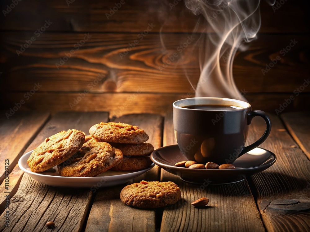 Morning Coffee and Oatmeal Cookies Silhouette with Chocolate Almonds on a Rustic Table, Capturing the Warmth of a Cozy Breakfast Setting Morning Coffee and Oatmeal Cookies Silhouette with Chocolate Almonds on a Rustic Table, Capturing the Warmth of a Cozy Breakfast Setting